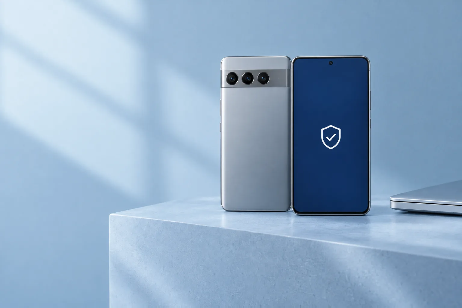 Celulares Android e notebook em uma composição de segurança digital